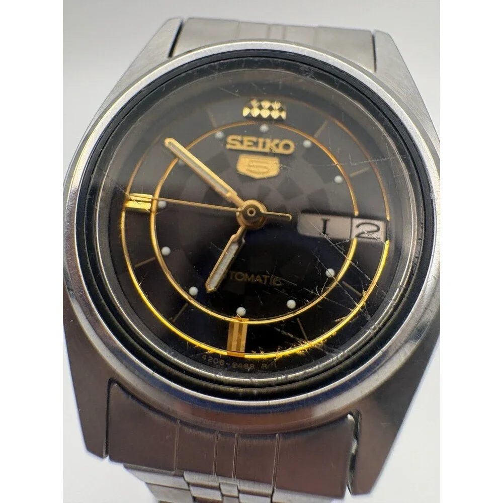 Vintage Seiko 5 Ladies Automatic Watch 4206-0660 Black racing Checkerboard Dial